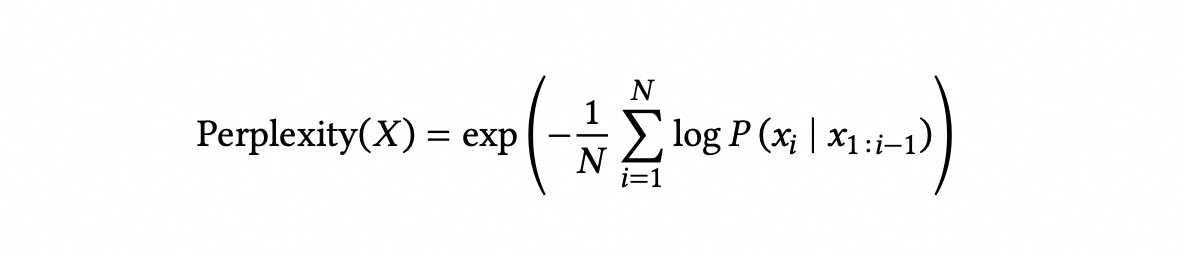Image represents a mathematical formula for calculating Perplexity, labeled ‘Perplexity(X)’ on the l…