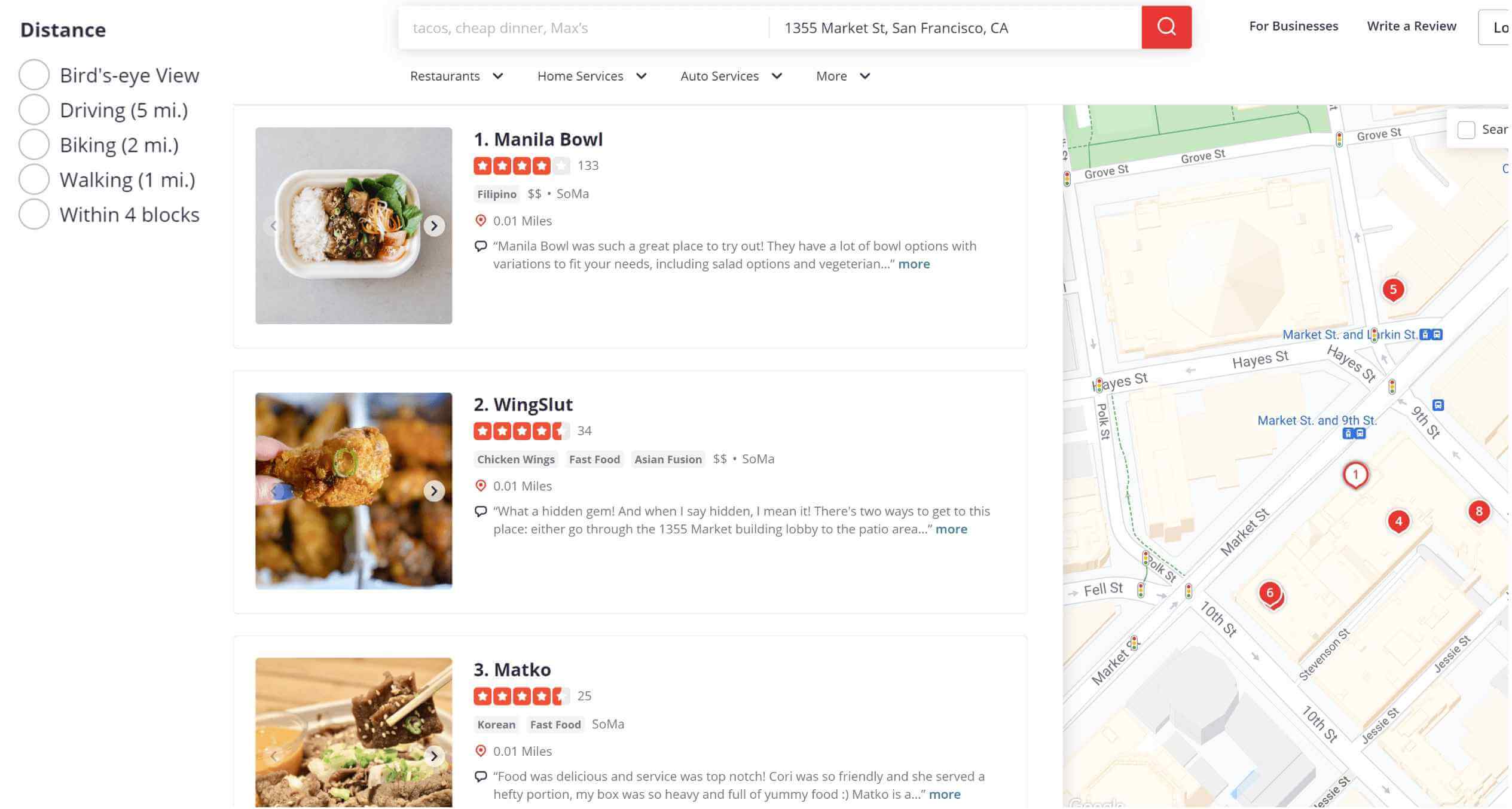 圖 1 在 Yelp 上的附近搜尋（來源：[1]）