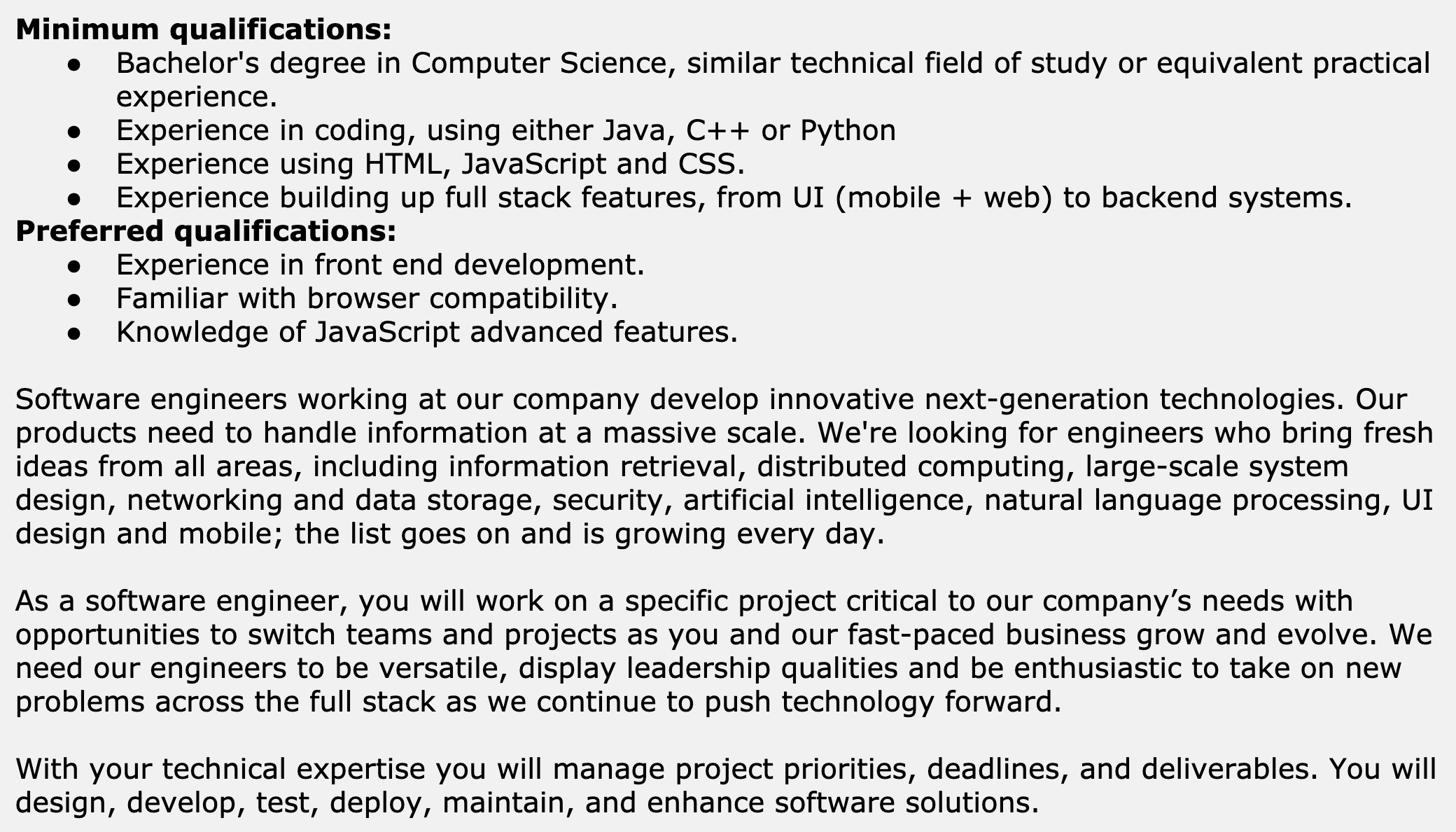 大型 tech 公司的 generalist software engineer 職缺描述範例
