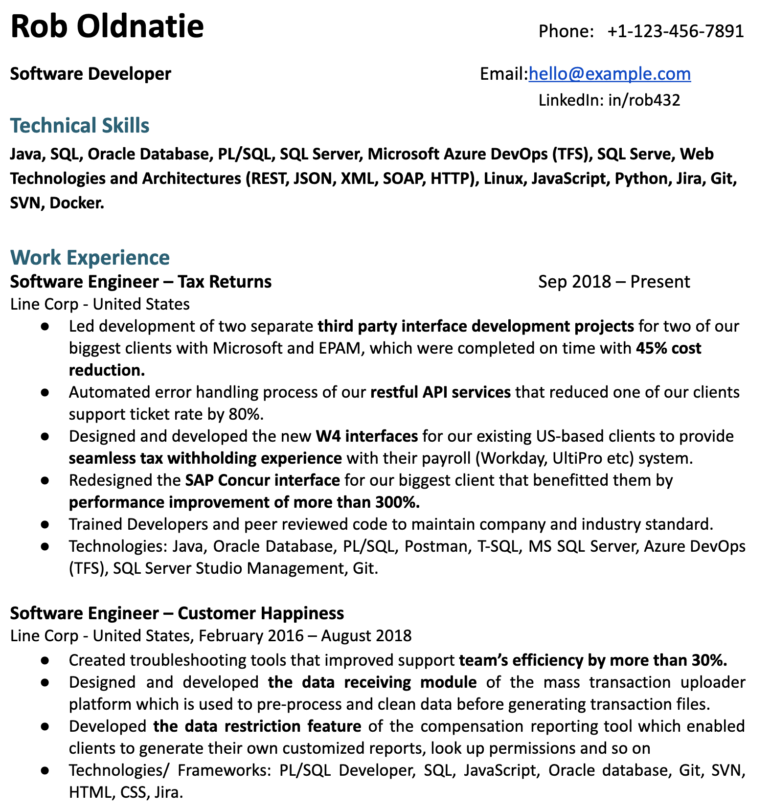 軟體開發者 Rob Oldnatie 的履歷範例
