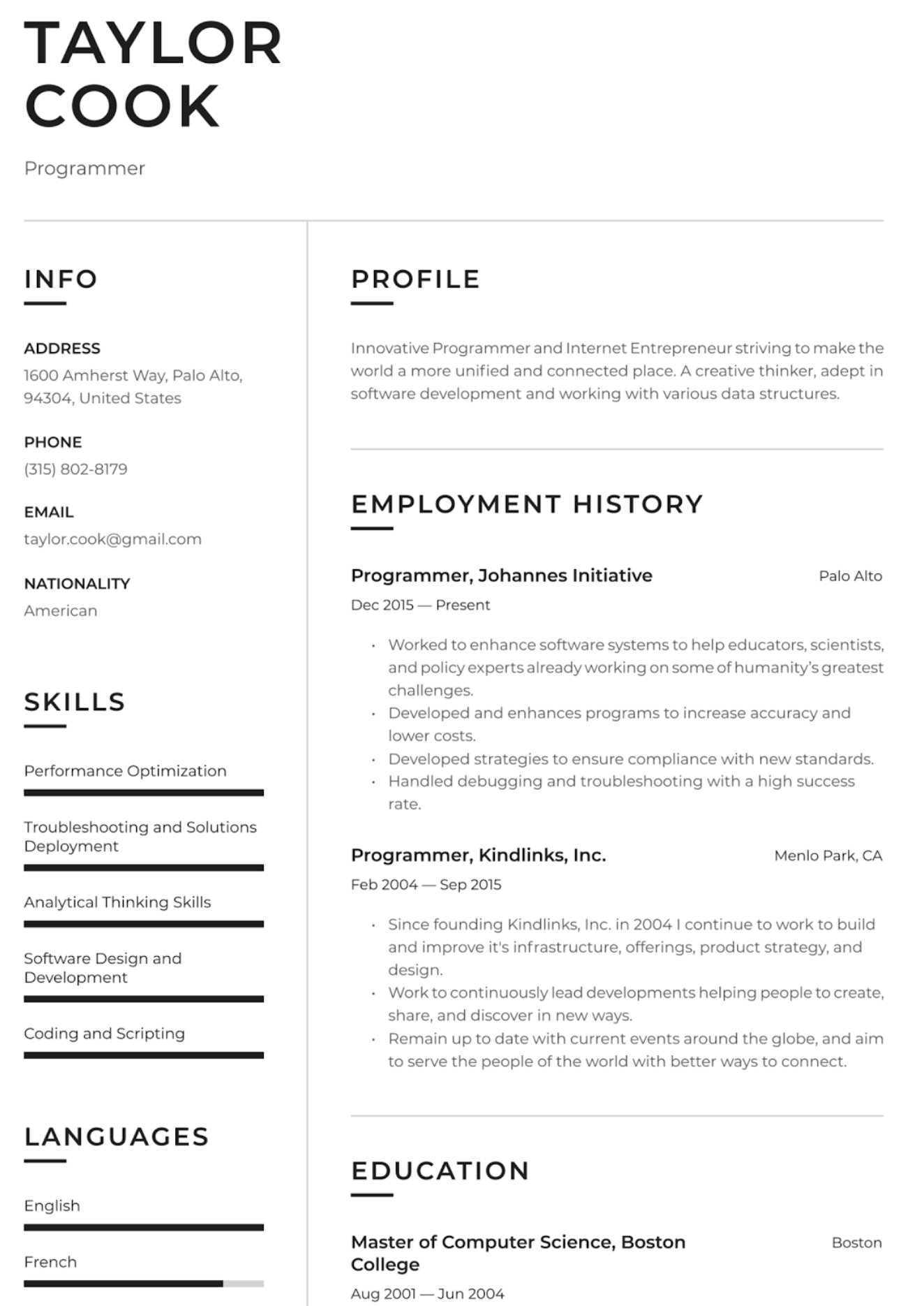 resume.io 的 Programmer 履歷範例