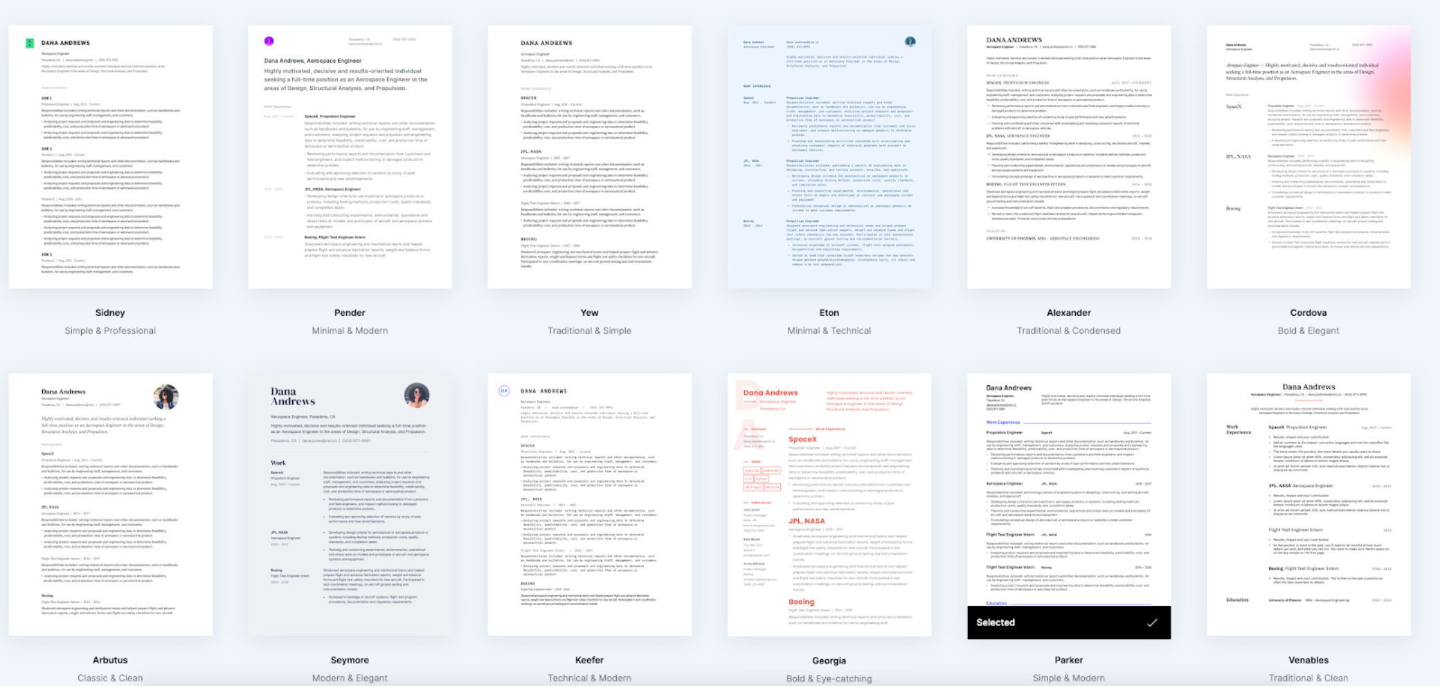 Standard Resume 的範本們。除了一個以外,都採用由上而下版面