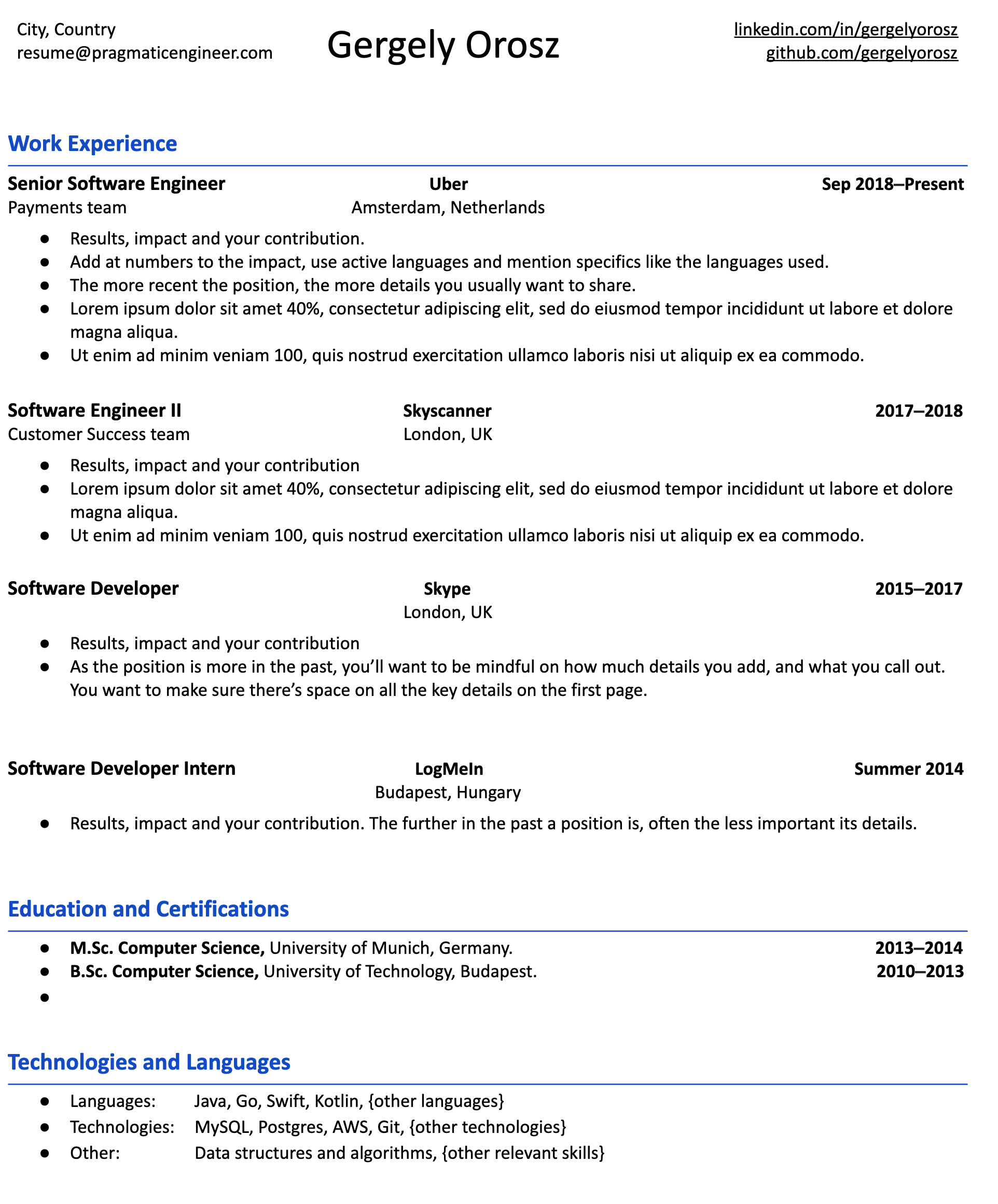 The Pragmatic Engineer’s Resume Template 範例