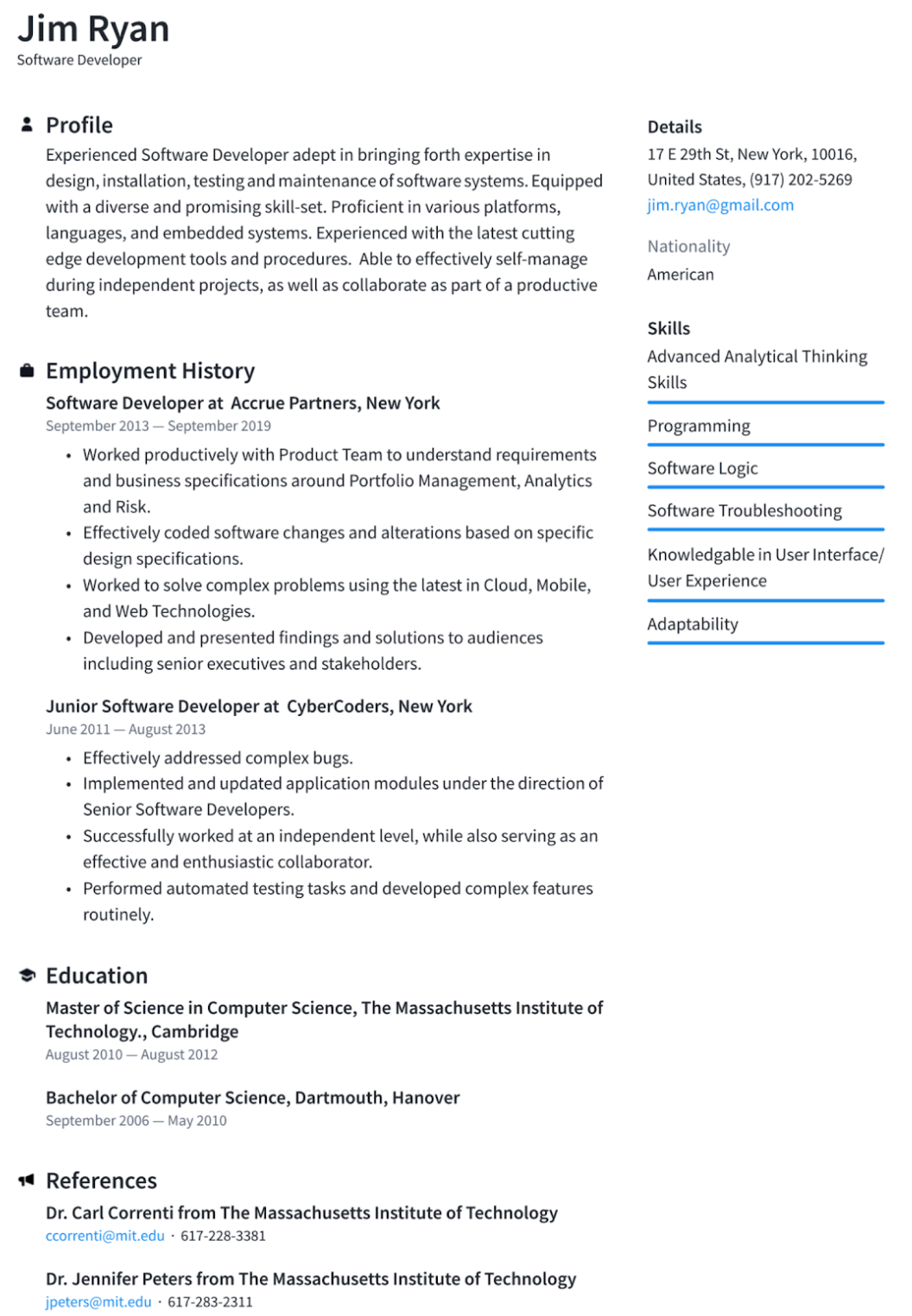 resume.io Software Engineer 範本範例
