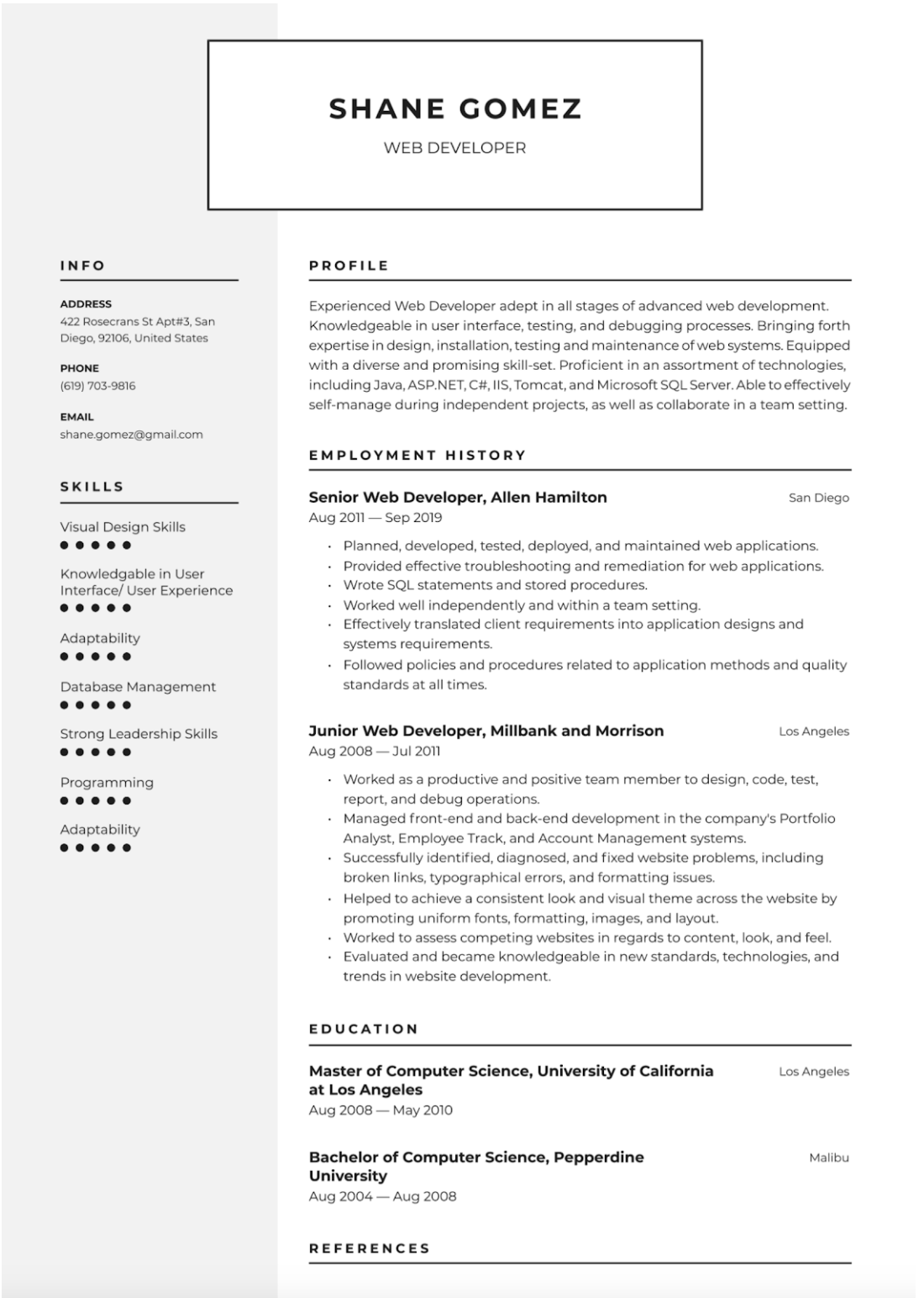 resume.io Web Developer 範本範例